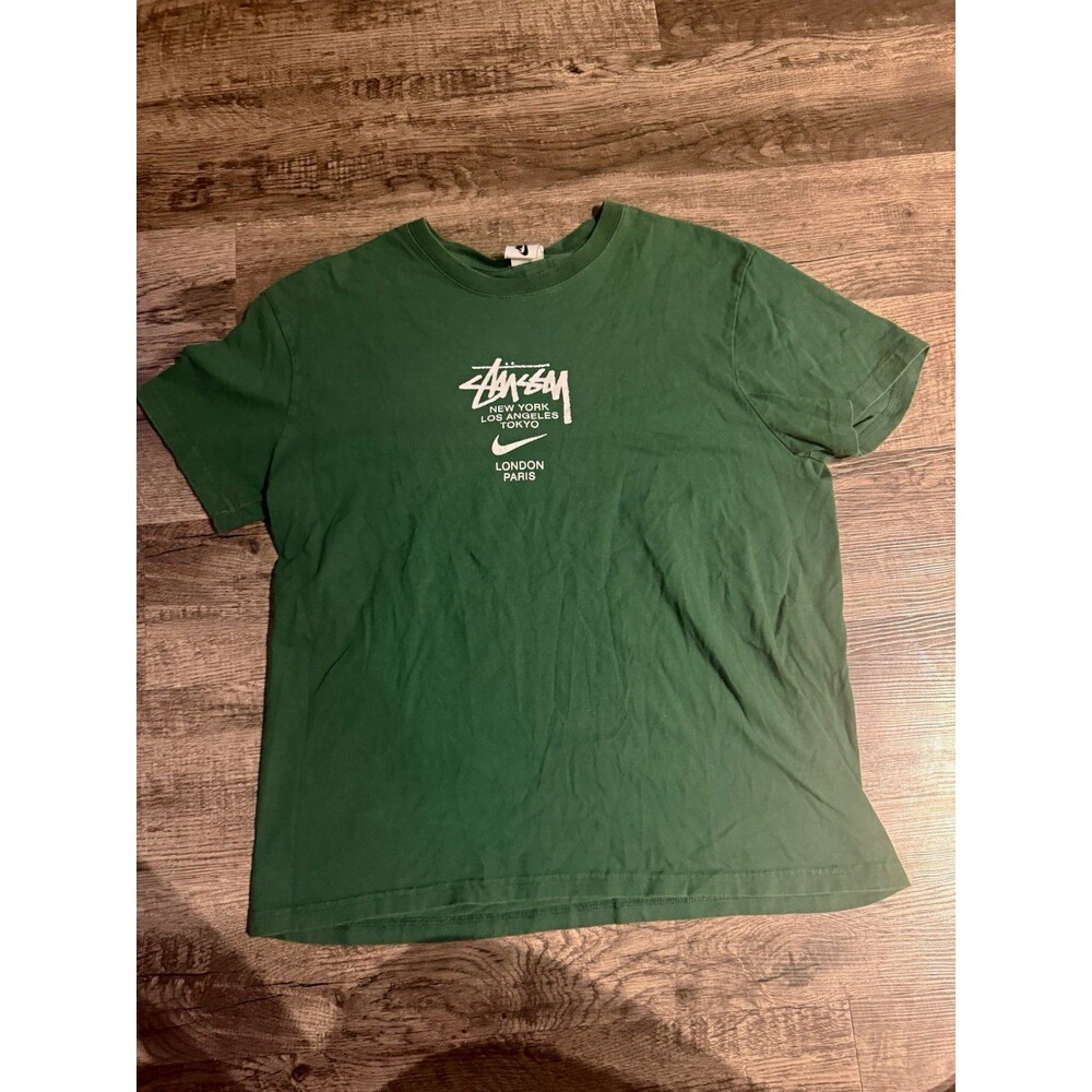 Nike x Stussy World Tour T-Shirt Mens XL (Fits M/L) Green Swoosh Streetwear
